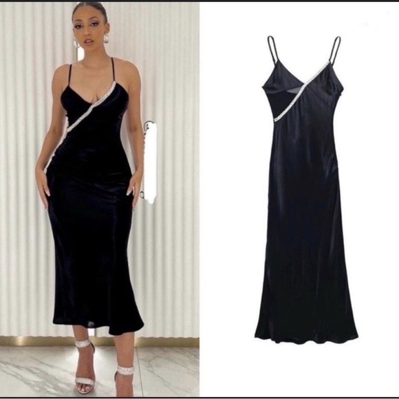 Zara Dresses & Skirts - 🖤 SATIN EFFECT RHINESTONE DRESS